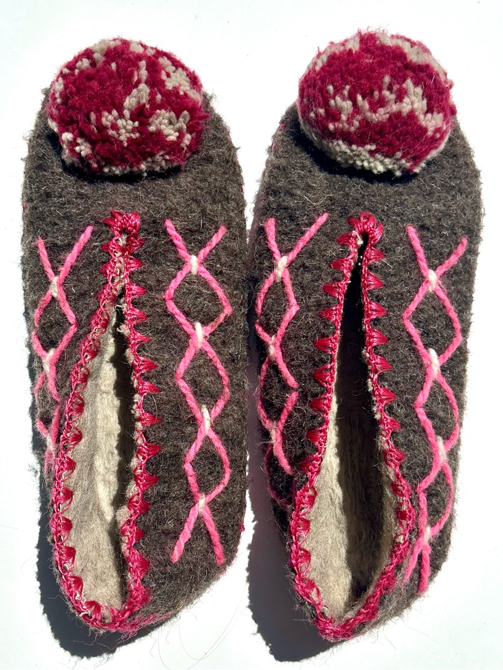 Greek Handcrafted Felted Wool Slippers Brown with Pink Embroidery & Pompoms 9-10